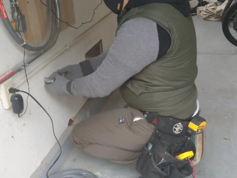 Electrician performing outlet wiring in a Sheboygan Falls garage